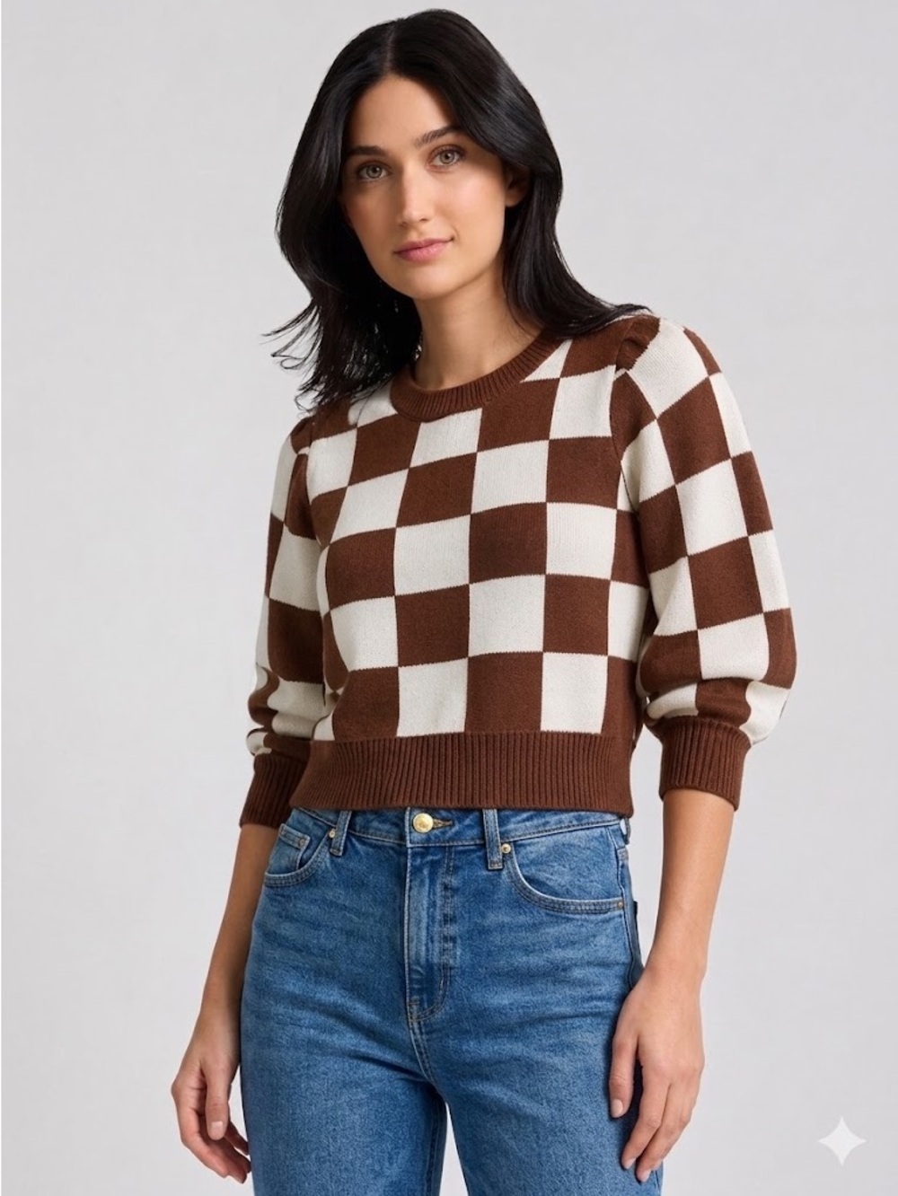 BaeVely Checked Brown & Cream Sweater With Puff Sleeves Size Small